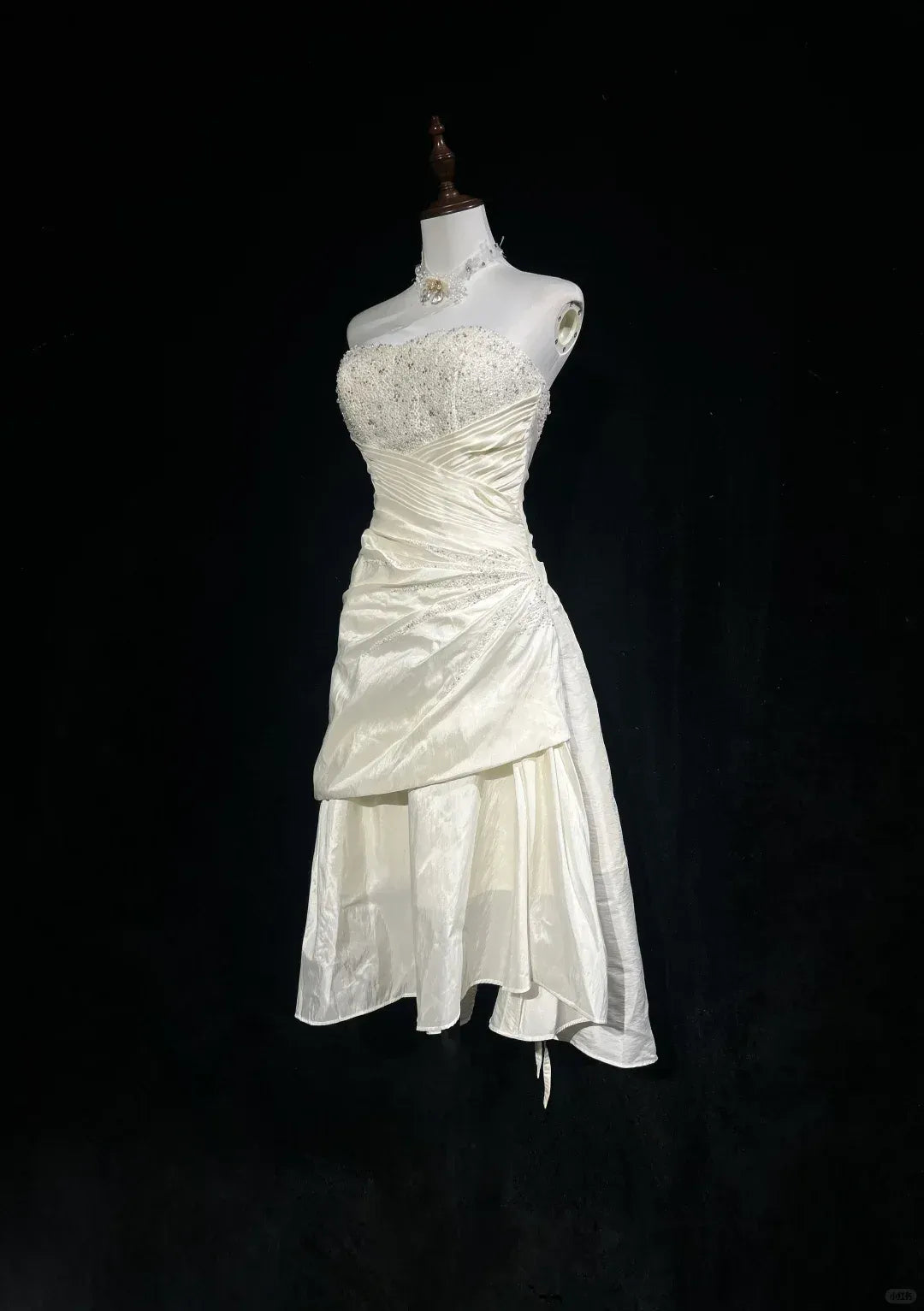Ivory Beaded Strapless Midi Wedding Dress – Corset Back Formal Gown with Asymmetrical Skirt