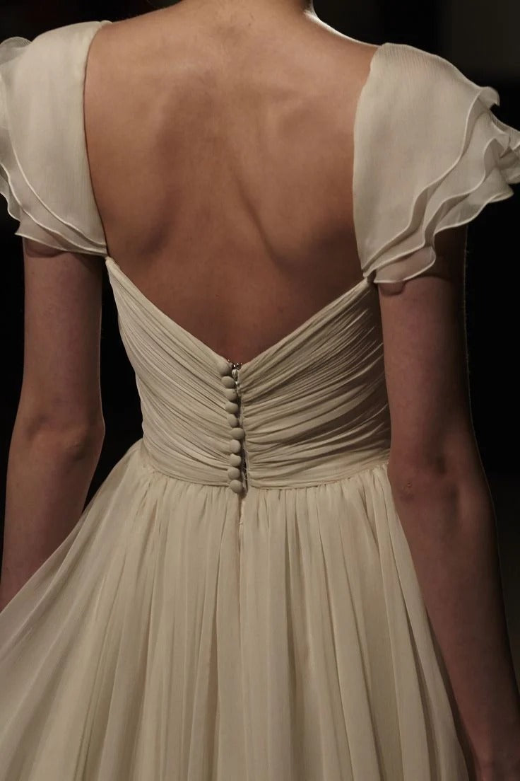Ivory Chiffon Ruffled Cap Sleeve Wedding Gown – Sweetheart Backless A-Line Bridal Dress