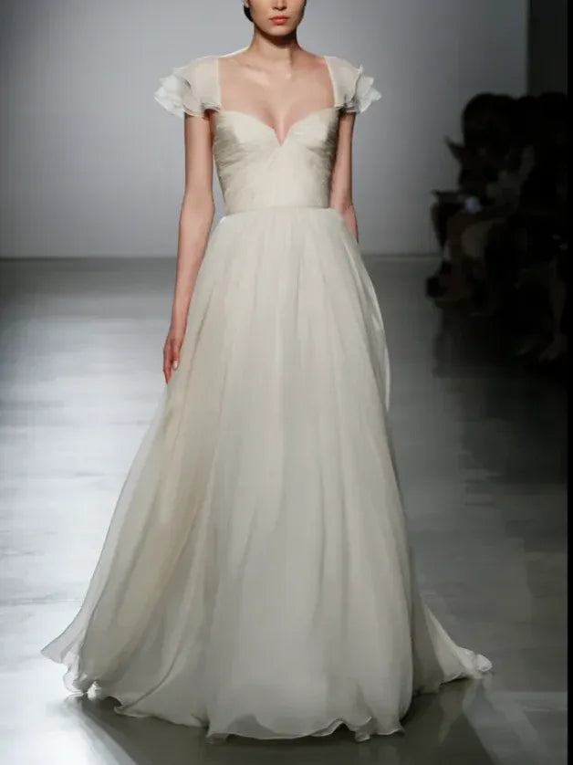 Ivory Chiffon Ruffled Cap Sleeve Wedding Gown – Sweetheart Backless A-Line Bridal Dress