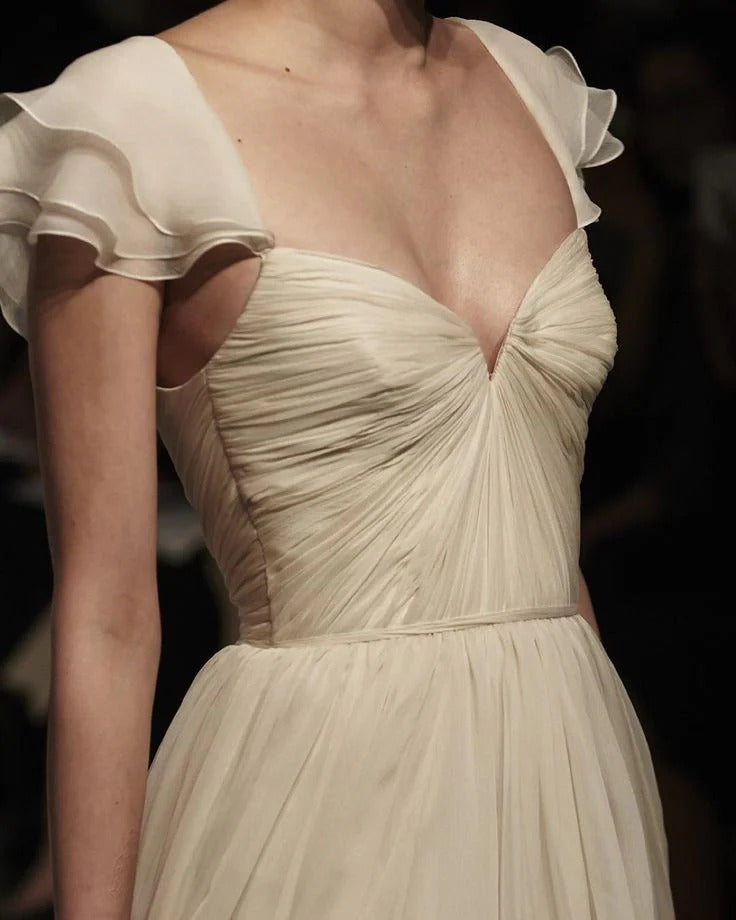 Ivory Chiffon Ruffled Cap Sleeve Wedding Gown – Sweetheart Backless A-Line Bridal Dress