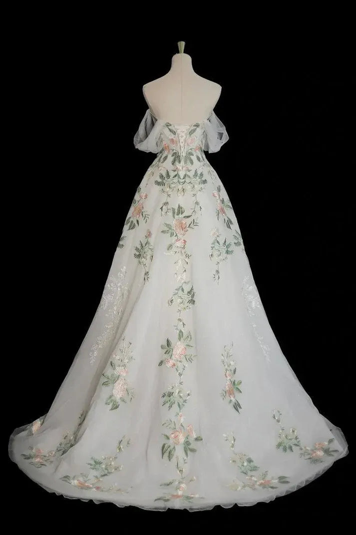 Ivory Floral Embroidered Off-the-Shoulder Wedding Gown – Tulle Ball Gown with Train & Lace-Up Back