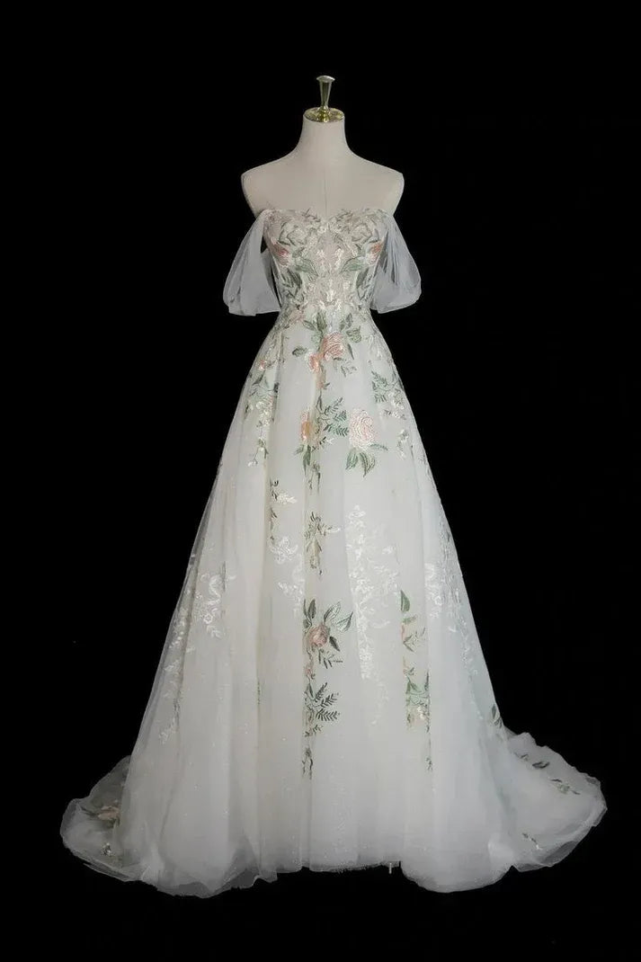 Ivory Floral Embroidered Off-the-Shoulder Wedding Gown – Tulle Ball Gown with Train & Lace-Up Back