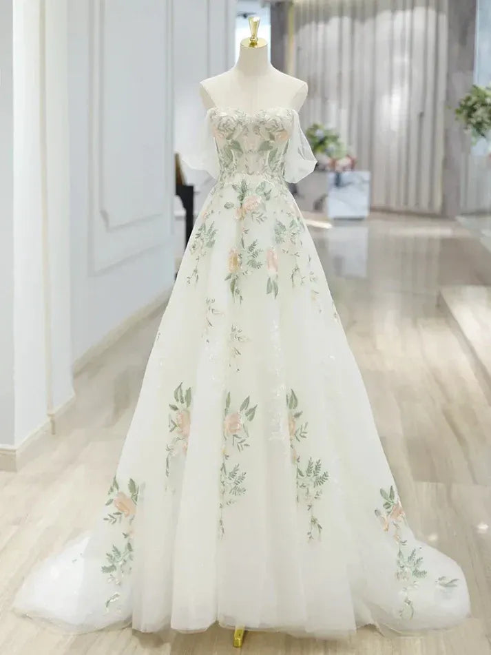 Ivory Floral Embroidered Off-the-Shoulder Wedding Gown – Tulle Ball Gown with Train & Lace-Up Back