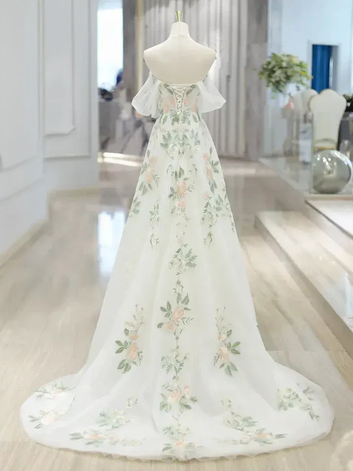 Ivory Floral Embroidered Off-the-Shoulder Wedding Gown – Tulle Ball Gown with Train & Lace-Up Back