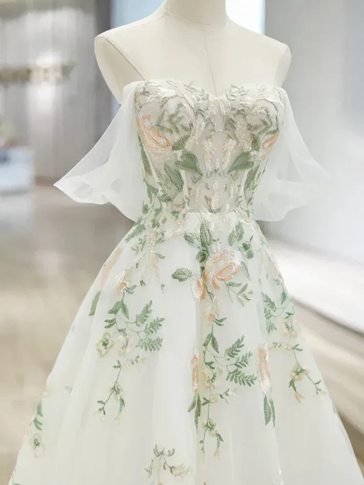 Ivory Floral Embroidered Off-the-Shoulder Wedding Gown – Tulle Ball Gown with Train & Lace-Up Back