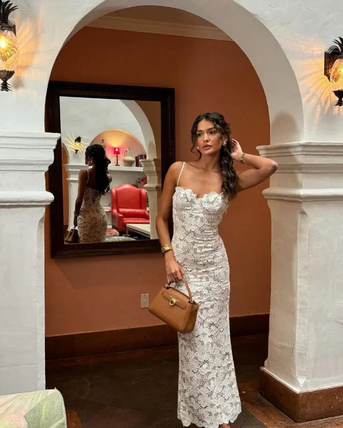 Ivory Floral Lace Spaghetti Strap Scalloped Sweetheart Mermaid Maxi Gown
