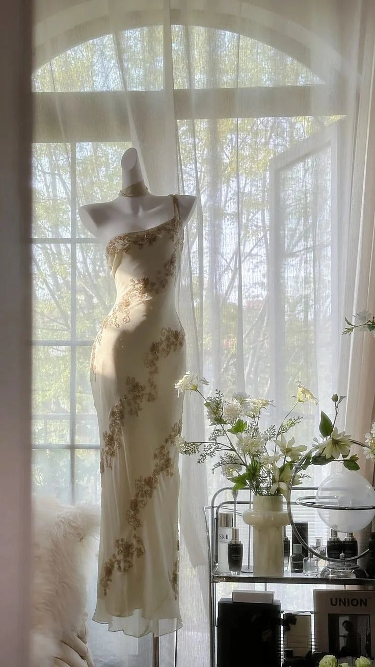 Ivory Gold Lace One-Shoulder Maxi Dress – Beaded Embellished Formal Evening Gown
