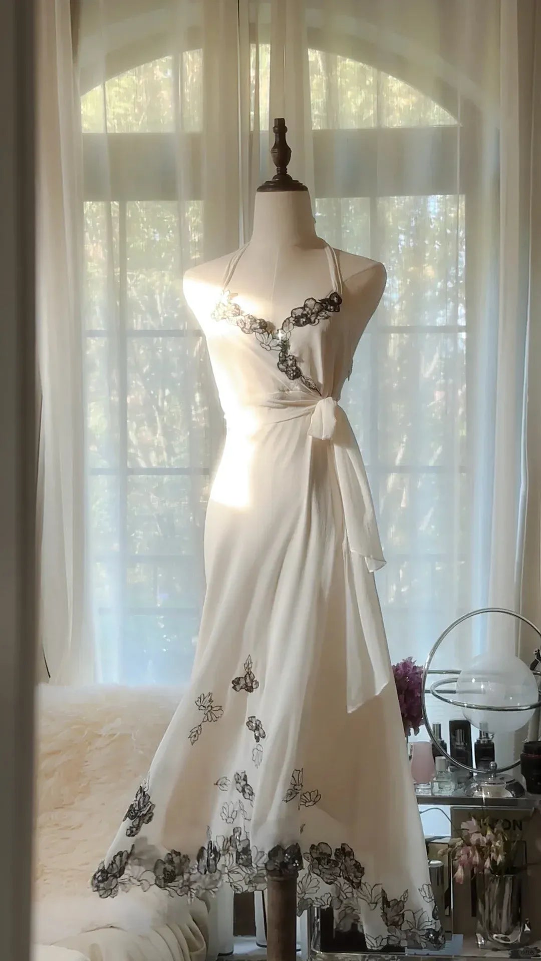 Ivory Halter Neck Floral Lace Wrap Maxi Gown