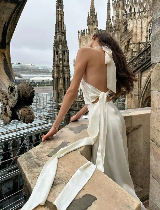 Ivory Halter Satin Maxi Dress – Backless Bow Detail Gown with Slit