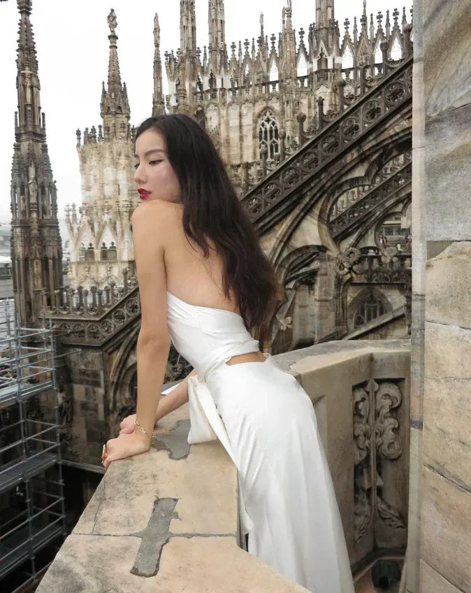 Ivory Halter Satin Maxi Dress – Backless Bow Detail Gown with Slit