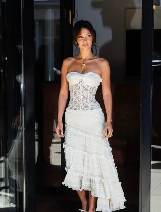 Ivory Lace Corset Strapless Ruffle High-Low Maxi Gown