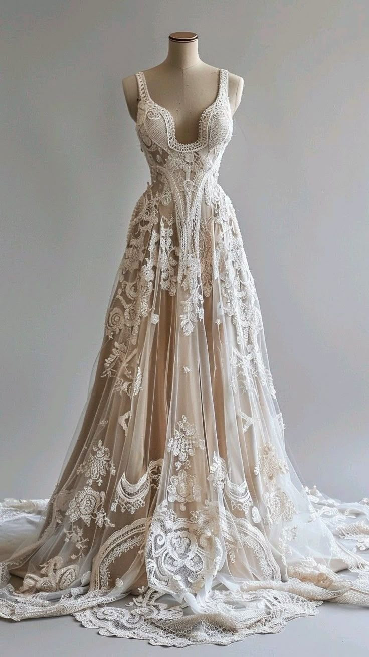 Ivory Lace Over Nude Tulle Plunging V-Neck A-Line Gown with Train