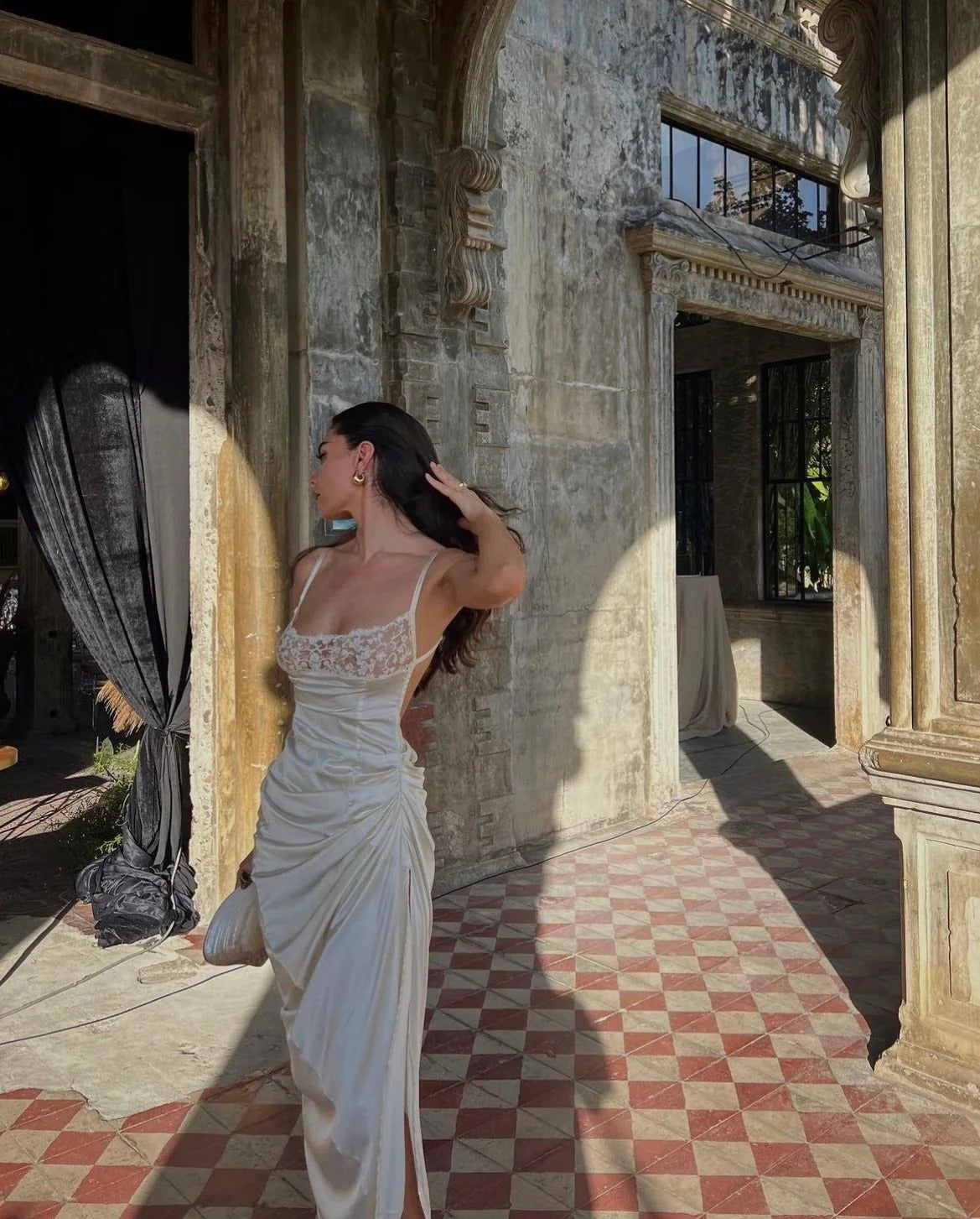 Ivory Lace Satin Ruched Spaghetti Strap Maxi Dress