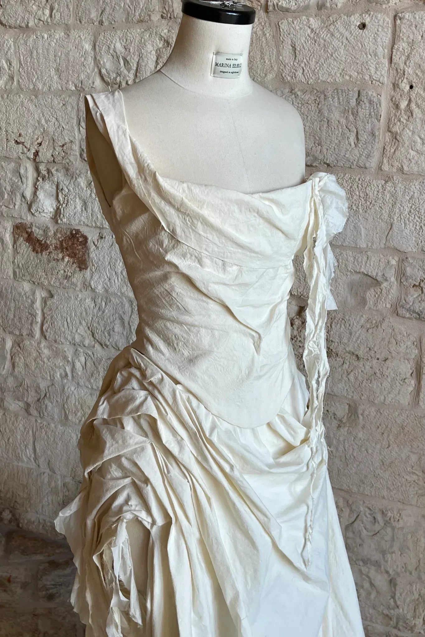 Ivory Off-The-Shoulder Draped Corset Linen-Blend Maxi Gown with Train