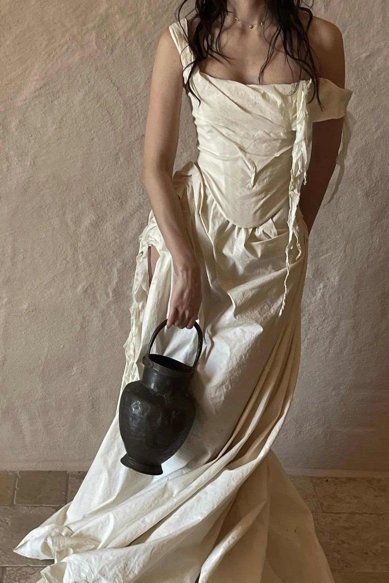 Ivory Off-The-Shoulder Draped Corset Linen-Blend Maxi Gown with Train