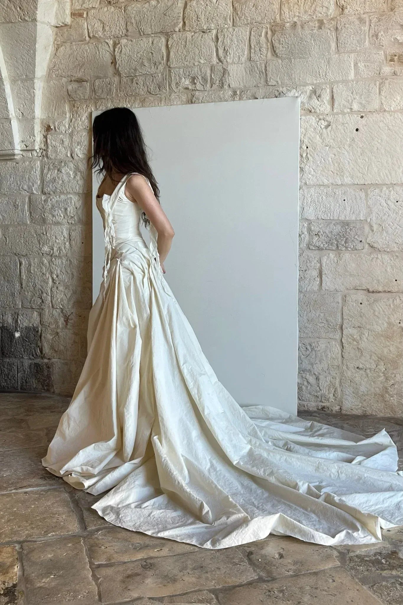 Ivory Off-The-Shoulder Draped Corset Linen-Blend Maxi Gown with Train