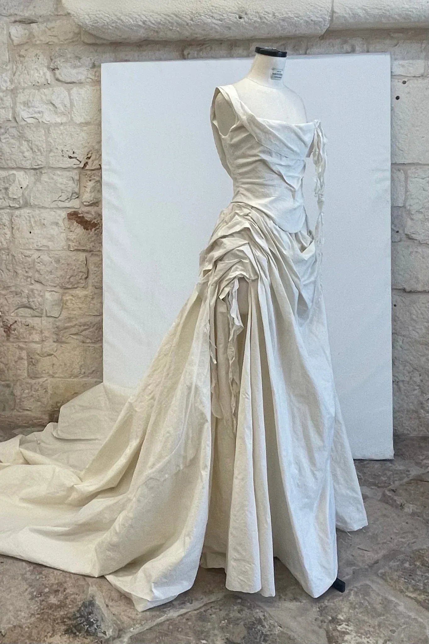 Ivory Off-The-Shoulder Draped Corset Linen-Blend Maxi Gown with Train