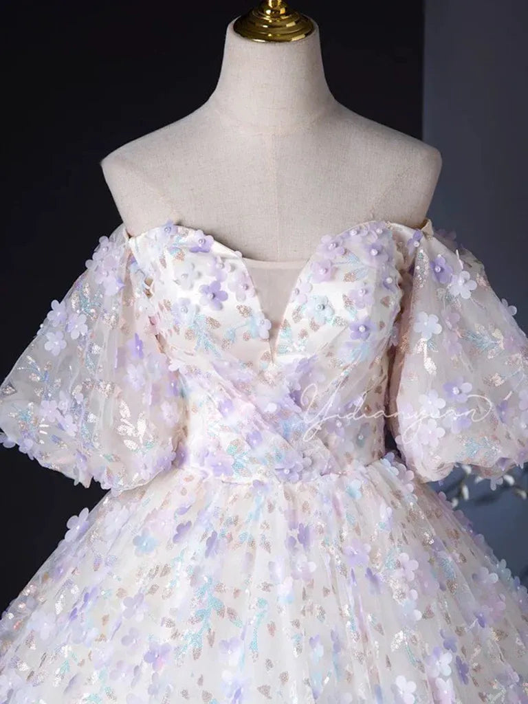 Ivory Off-the-Shoulder 3D Floral Lace Iridescent Tulle Ball Gown
