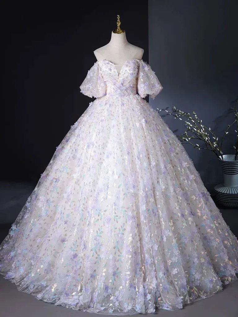 Ivory Off-the-Shoulder 3D Floral Lace Iridescent Tulle Ball Gown