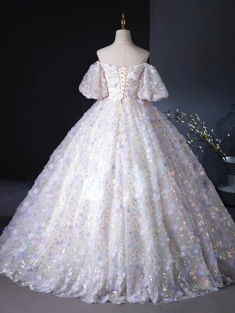 Ivory Off-the-Shoulder 3D Floral Lace Iridescent Tulle Ball Gown