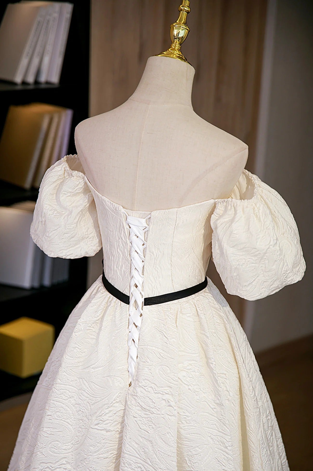 Ivory Off-the-Shoulder Puff Sleeve Contrast Tie Jacquard A-Line Ball Gown