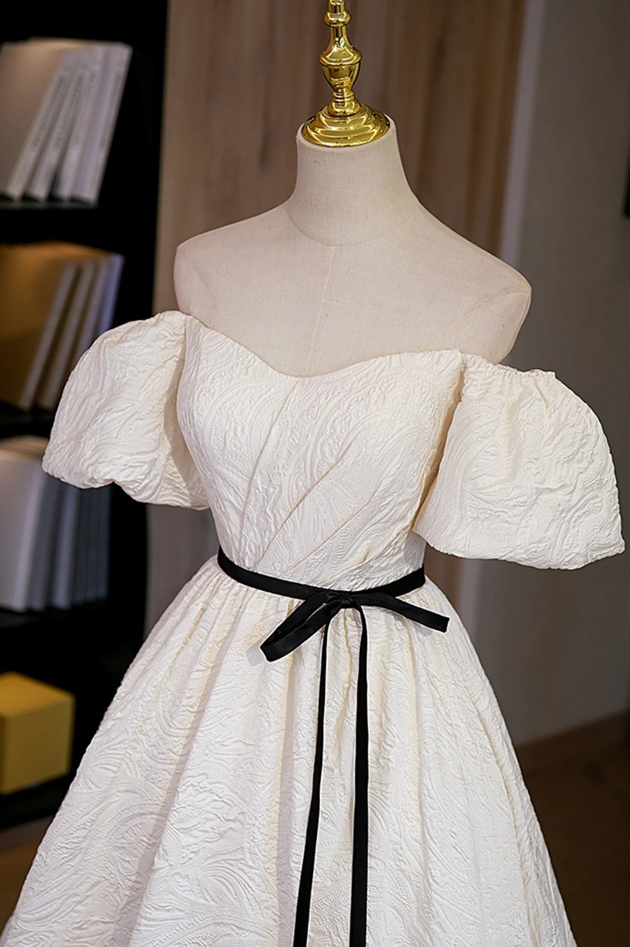 Ivory Off-the-Shoulder Puff Sleeve Contrast Tie Jacquard A-Line Ball Gown