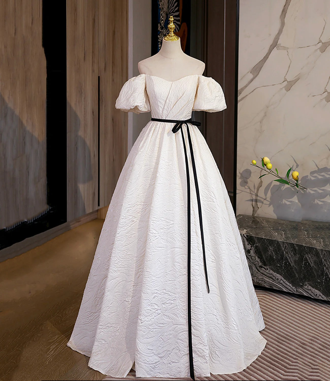 Ivory Off-the-Shoulder Puff Sleeve Contrast Tie Jacquard A-Line Ball Gown