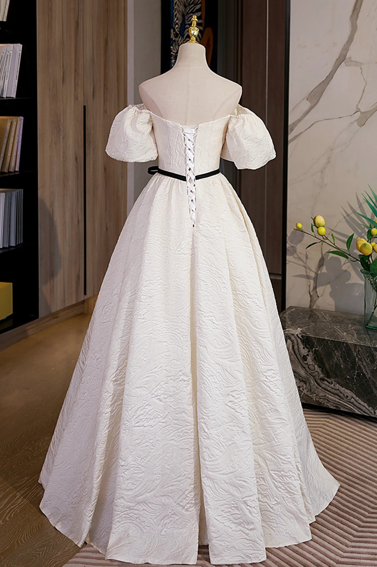 Ivory Off-the-Shoulder Puff Sleeve Contrast Tie Jacquard A-Line Ball Gown