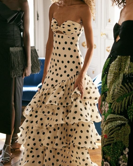 Ivory Polka Dot Strapless Cutout Ruffle Mermaid Gown