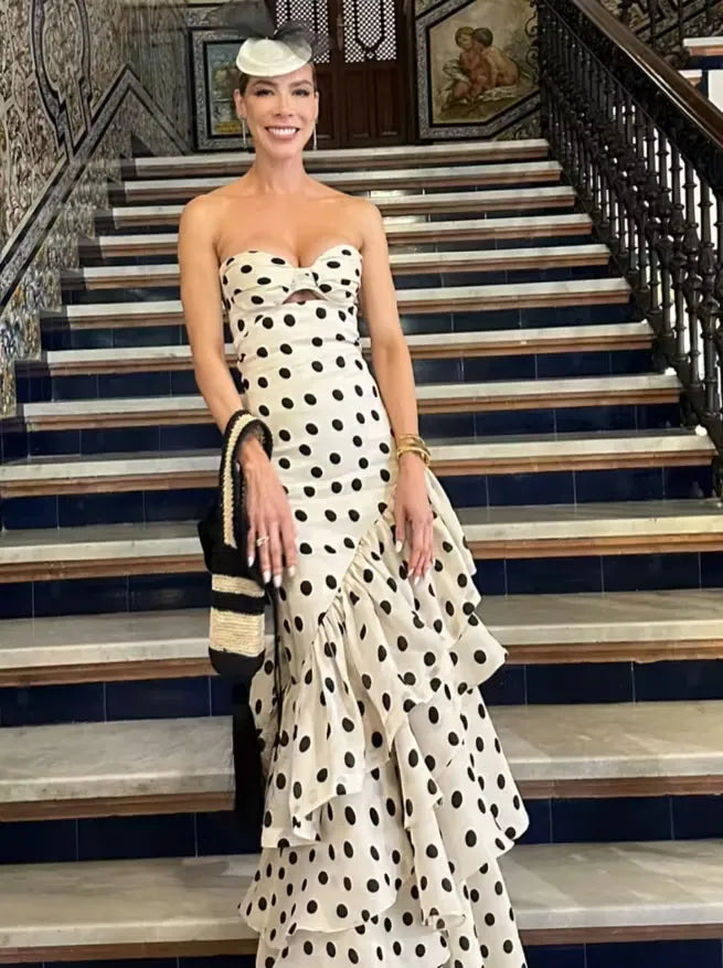 Ivory Polka Dot Strapless Cutout Ruffle Mermaid Gown
