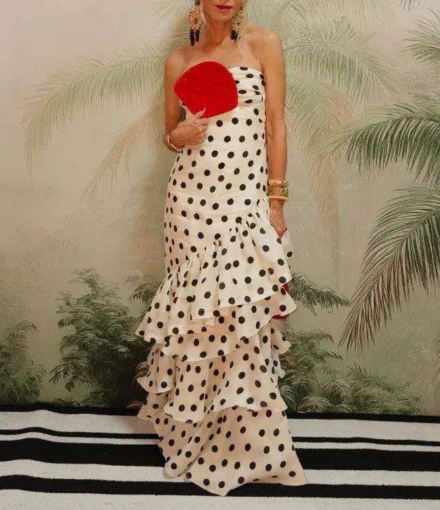 Ivory Polka Dot Strapless Cutout Ruffle Mermaid Gown