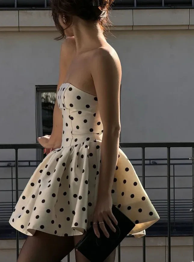 Ivory Polka Dot Strapless Fit-and-Flare Mini Dress with Bow Detail