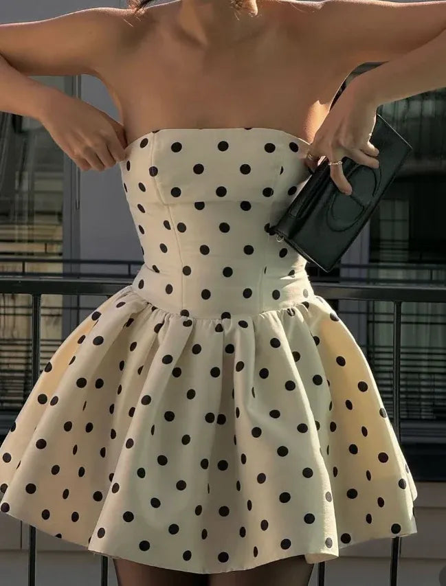 Ivory Polka Dot Strapless Fit-and-Flare Mini Dress with Bow Detail