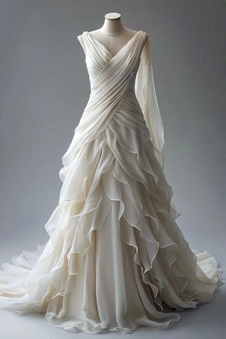 Ivory Ruffled Organza Draped V-Neck A-Line Gown with Train