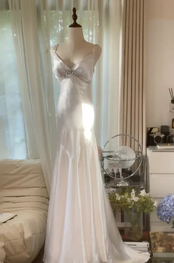 Ivory Satin Beaded Crisscross Back Mermaid Gown – Spaghetti Strap Wedding Dress