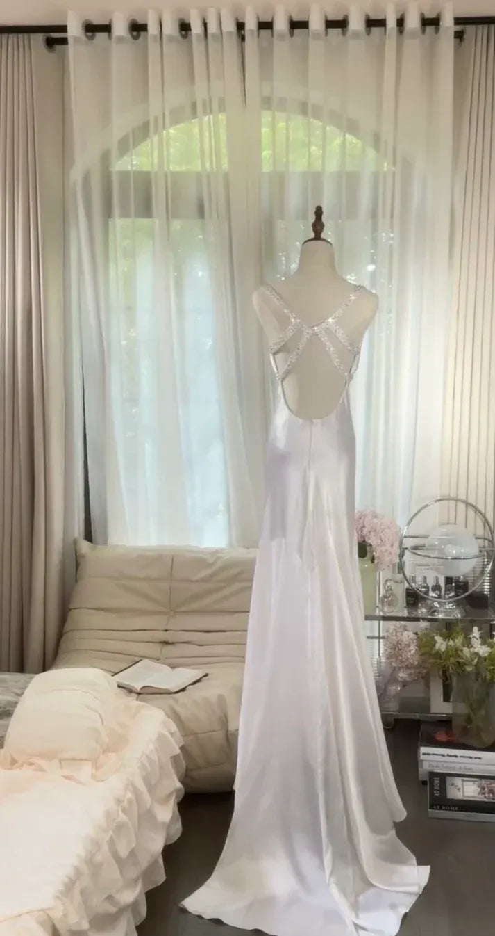Ivory Satin Beaded Crisscross Back Mermaid Gown – Spaghetti Strap Wedding Dress