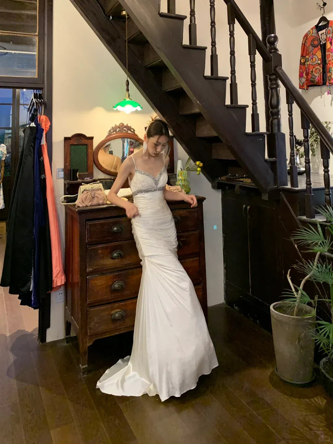 Ivory Satin Beaded Mermaid Wedding Dress – Spaghetti Strap Ruched Formal Gown with Train