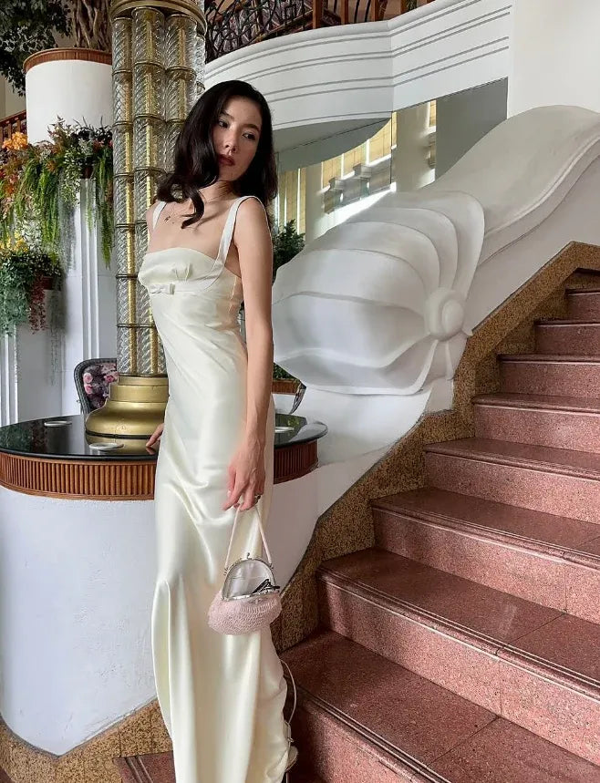 Ivory Satin Bow Mermaid Gown – Square Neck Maxi Dress with Train