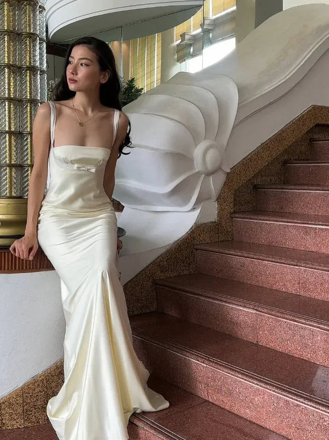 Ivory Satin Bow Mermaid Gown – Square Neck Maxi Dress with Train
