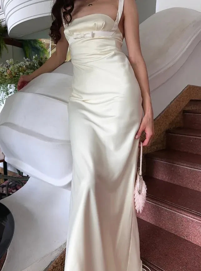 Ivory Satin Bow Mermaid Gown – Square Neck Maxi Dress with Train