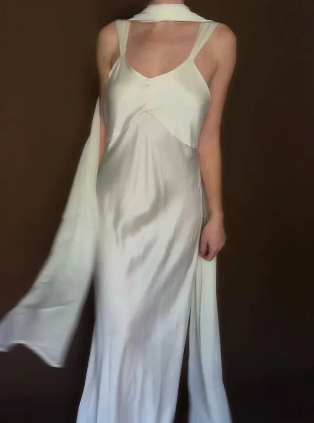 Ivory Satin Corset Maxi Dress – Halter Scarf Neckline Formal Gown