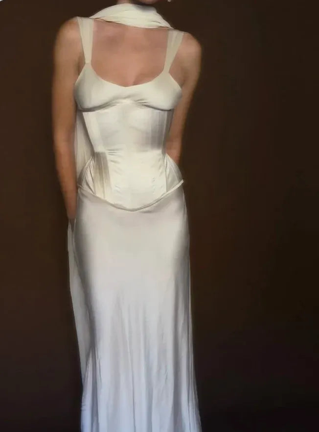 Ivory Satin Corset Maxi Dress – Halter Scarf Neckline Formal Gown