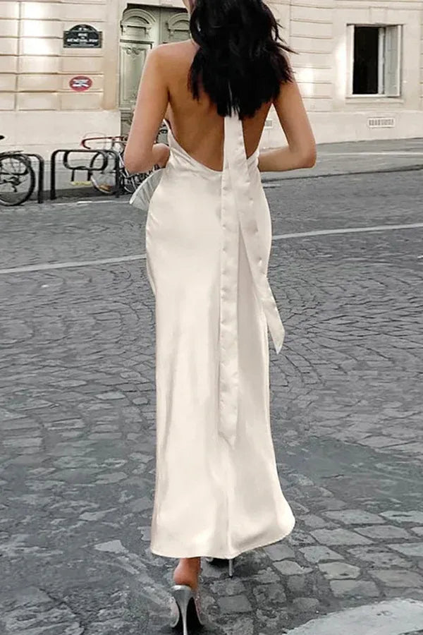 Ivory Satin Halter Neck Open Back Midi Gown with Keyhole Cutout