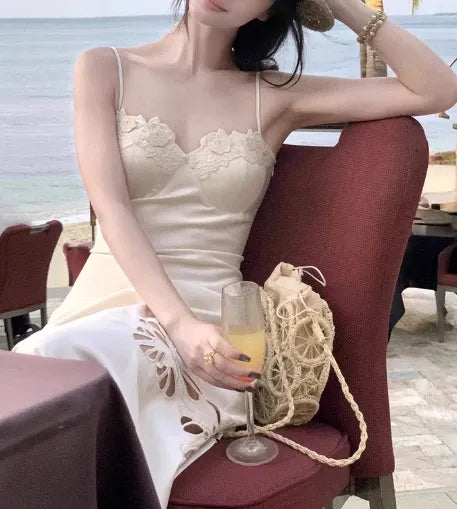 Ivory Satin Lace Applique Slip Dress with Floral Cut-Outs