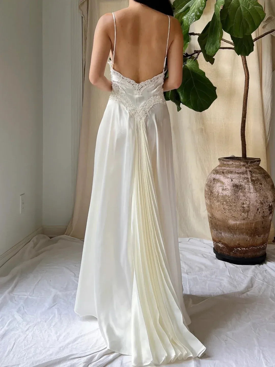Ivory Satin Lace Slip Wedding Dress – Backless V-Neck Bridal Gown with Pleated Train