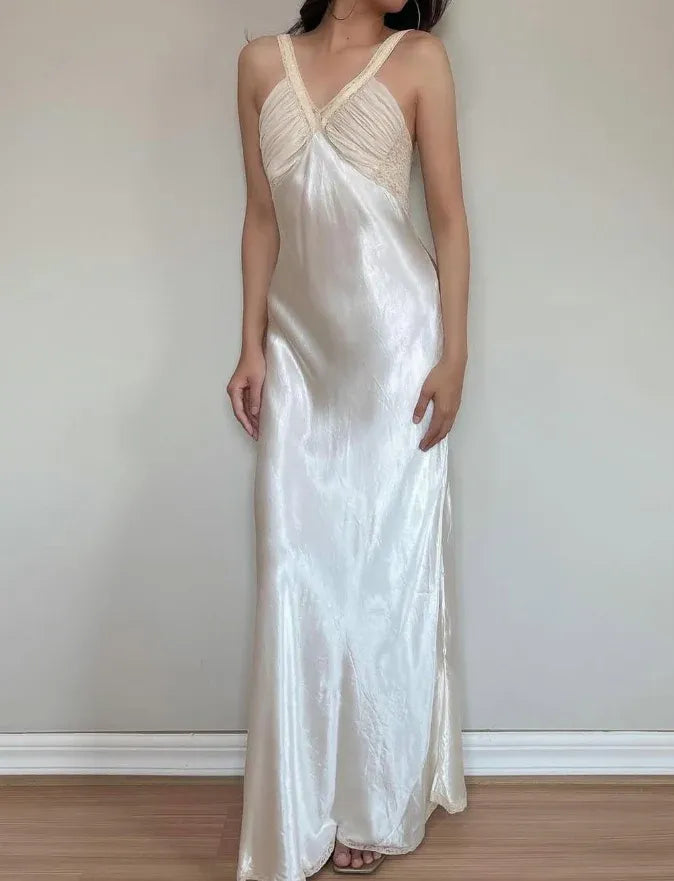 Ivory Satin Lace Trim Maxi Slip Dress – Open Back Ruched Bust Formal Bridal Gown