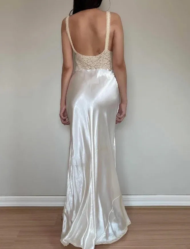 Ivory Satin Lace Trim Maxi Slip Dress – Open Back Ruched Bust Formal Bridal Gown
