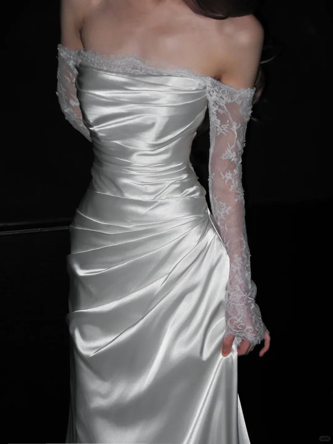 Ivory Satin Mermaid Wedding Dress – Off-the-Shoulder Lace Sleeve Bridal Gown