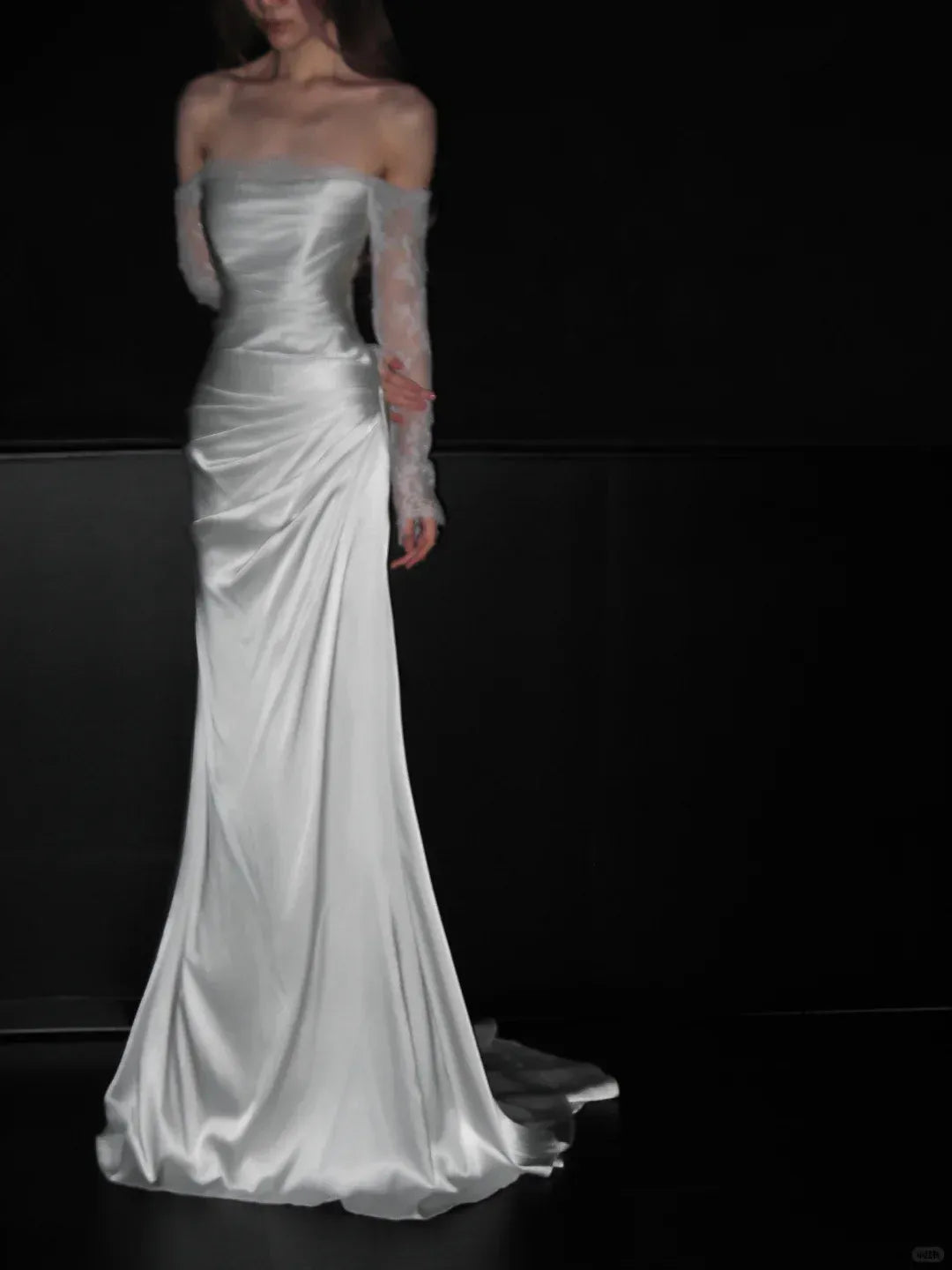 Ivory Satin Mermaid Wedding Dress – Off-the-Shoulder Lace Sleeve Bridal Gown