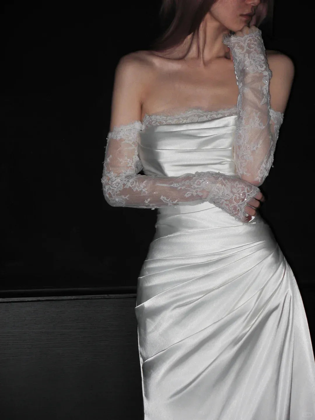 Ivory Satin Mermaid Wedding Dress – Off-the-Shoulder Lace Sleeve Bridal Gown